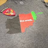 Gray t-shirt with a red and green graphic and 'did work.' text on a plain background