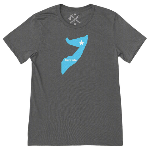 Gray t-shirt with a blue graphic and 'did work' text on a white background for military veterans of somalia.