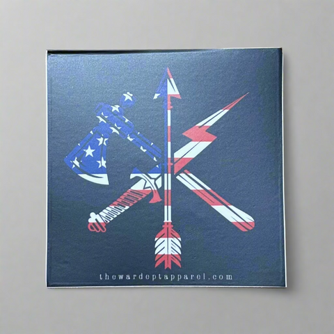 Sticker with American flag design on a wooden surface