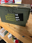 Black War Dept. Sticker on an ammo can for veterans and patriots.