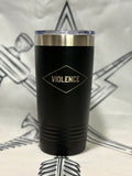 This is a hot and cold travel mug tumbler with a violence logo engraved on it.