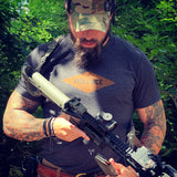 Man with a rifle wearing Charcoal Tee with violence design inspired by ranger regiment.